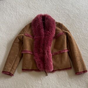 Guess camel suede Jacket with Pink Faux Fur Trim